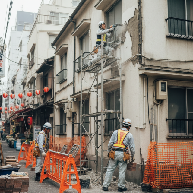 アパート修繕している工事の人たち