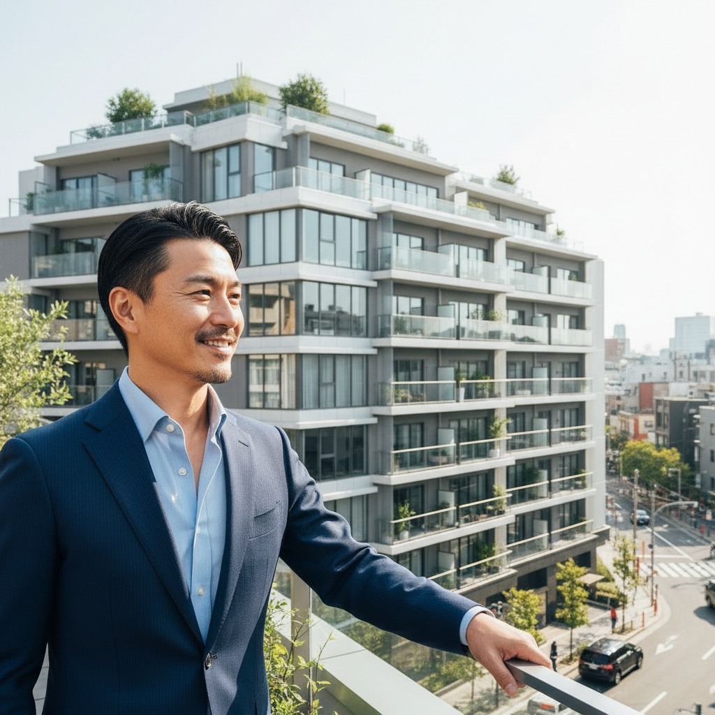 アパート経営をしていてアパートを見ながら微笑んている1